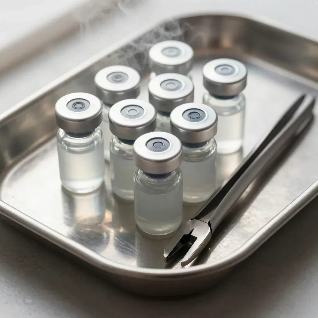 Samplevials en een metalen tray op geborsteld staal in strak macrodetail
