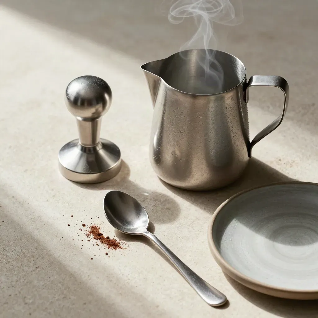 Espresso tamper, melkkan, lepel en schotel op pale stone met zachte stoom.