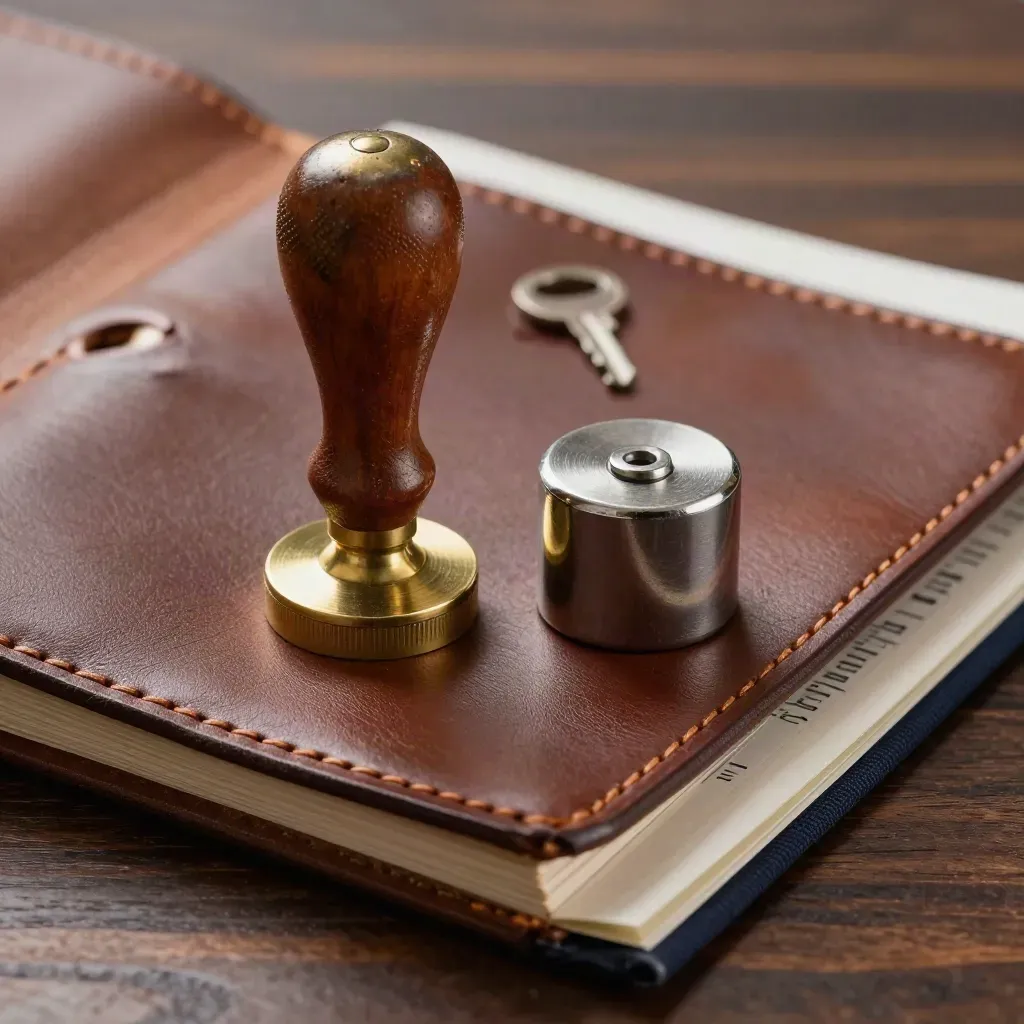 Messing stempel, leren folio en stalen presse-papier op donker walnoot met zachte schaduw
