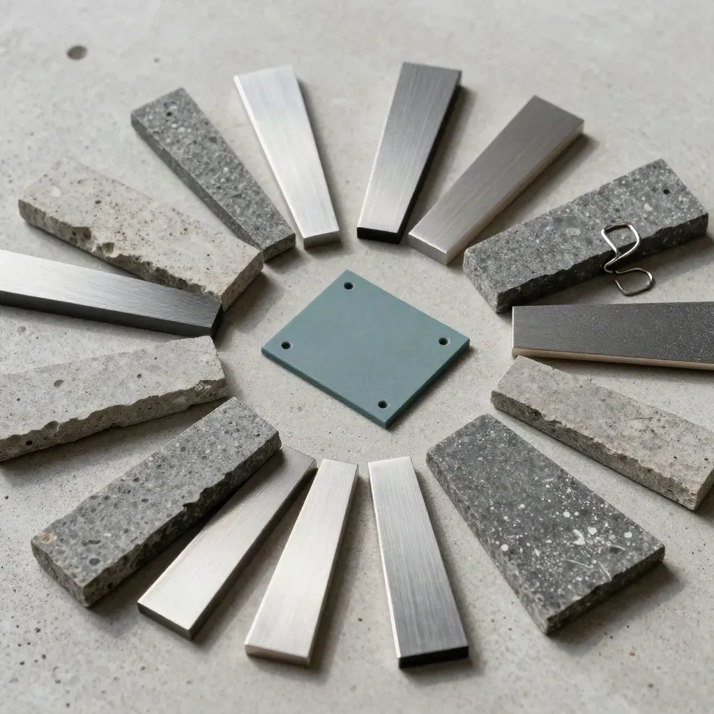 Bovenaanzicht van steenmonsters, stalen swatches en klemmen op beton met zachte teal-accenten