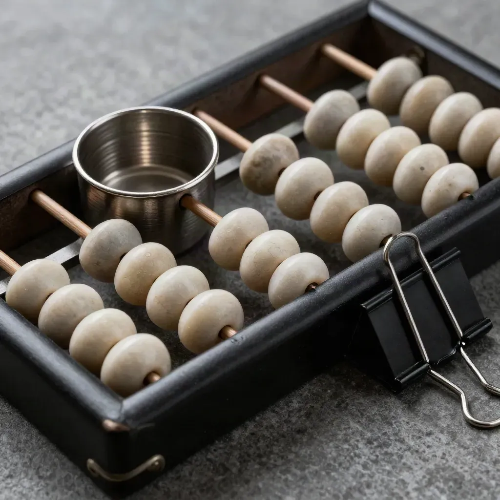 Bovenaanzicht van een zwarte abacus met lichte kralen, muntbeker en clip op matte steen.