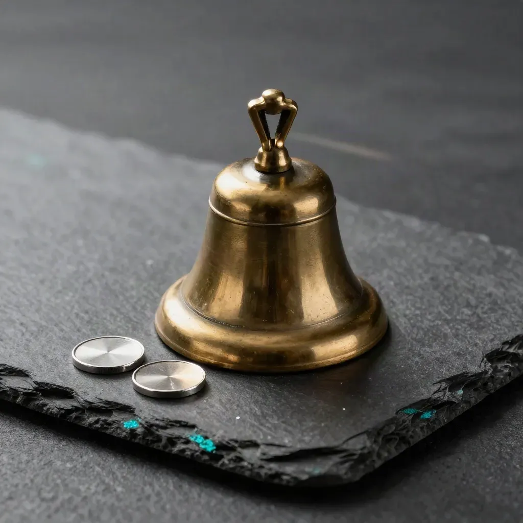 Brass servicebel, vilt en twee stalen tokens op donkere leisteen in dramatisch licht.