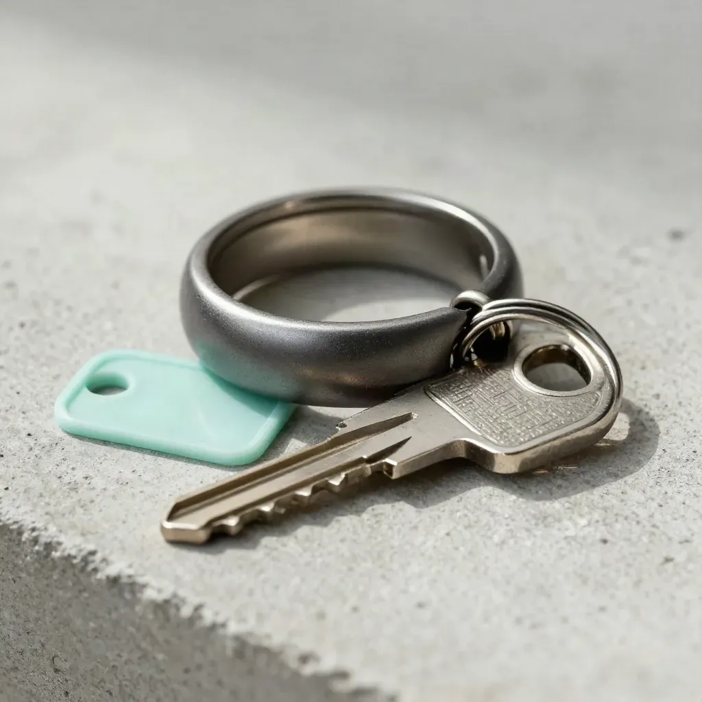 Servicekeys op een matte ring met open sluiting en mintkleurig tabje op licht beton.