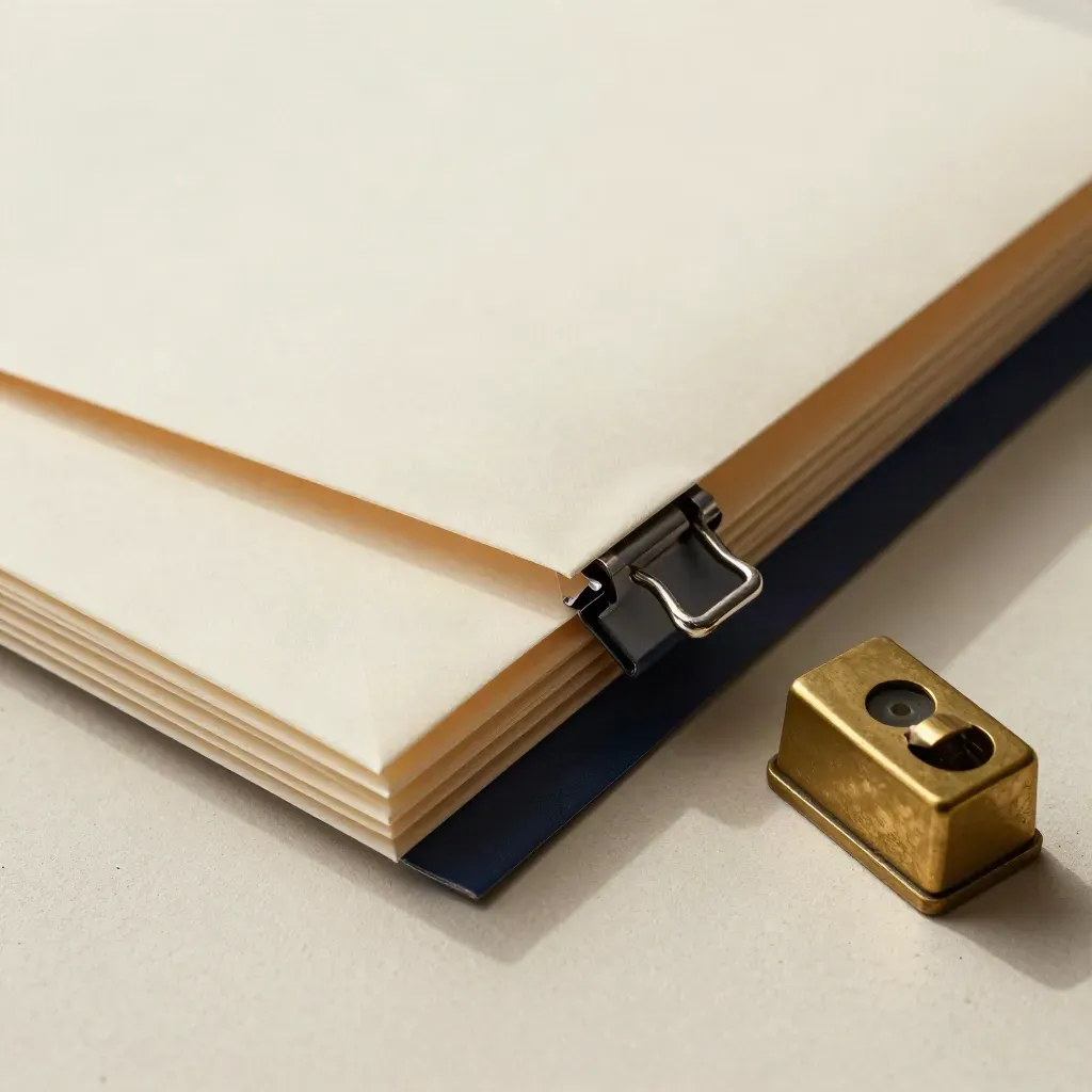 Enveloppenstapel met archiefklem en messing papiergewicht op crème pleister.