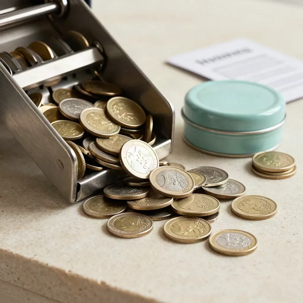 Coin sorter en euromunten met spaarblik op lichte steen, macro in koel neutraal licht.