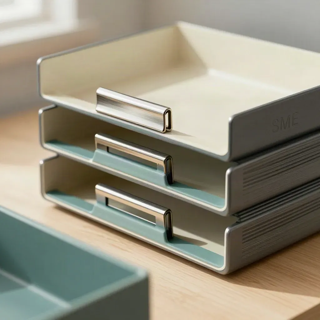 Bovenaanzicht van inboxbakjes, metalen clips en teal scheidingsblokken op licht hout.