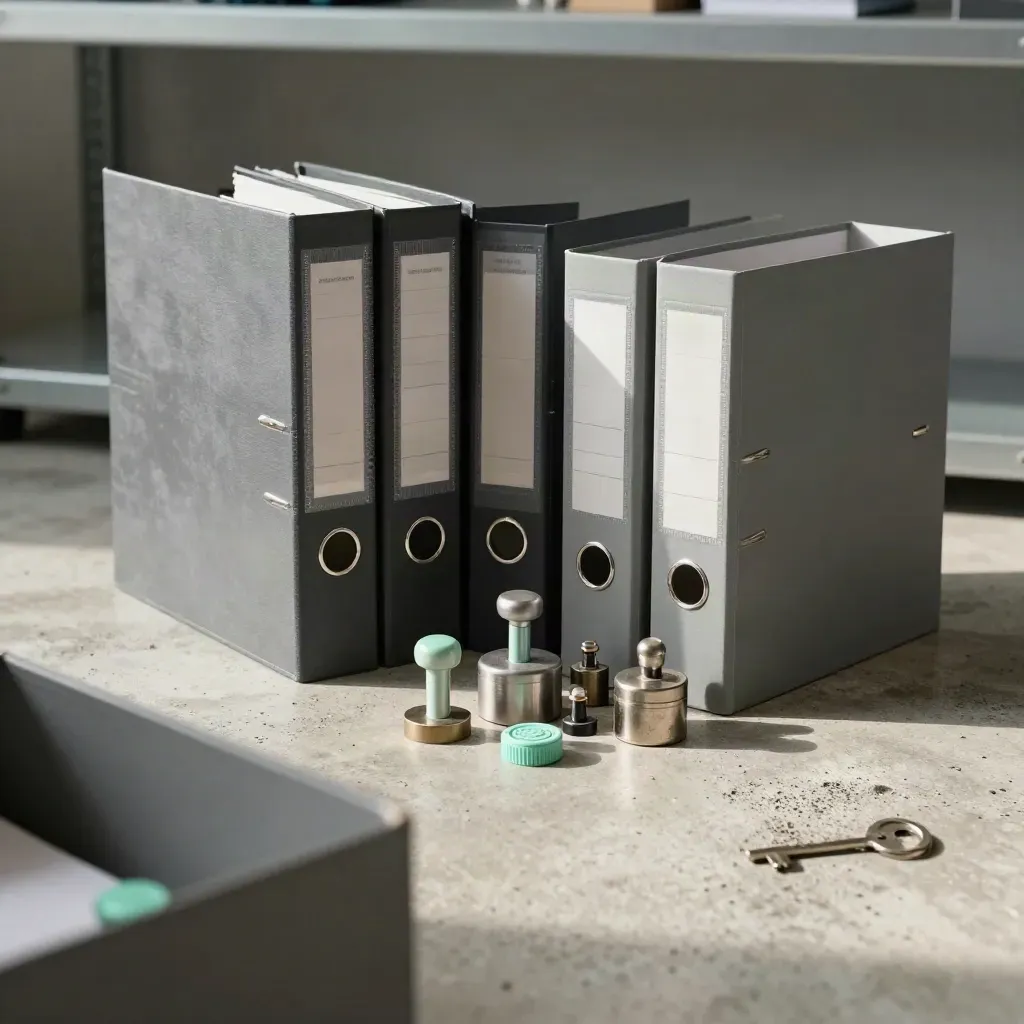 Auditseals, ordners en archiefdozen op beton in een dramatische close-up.