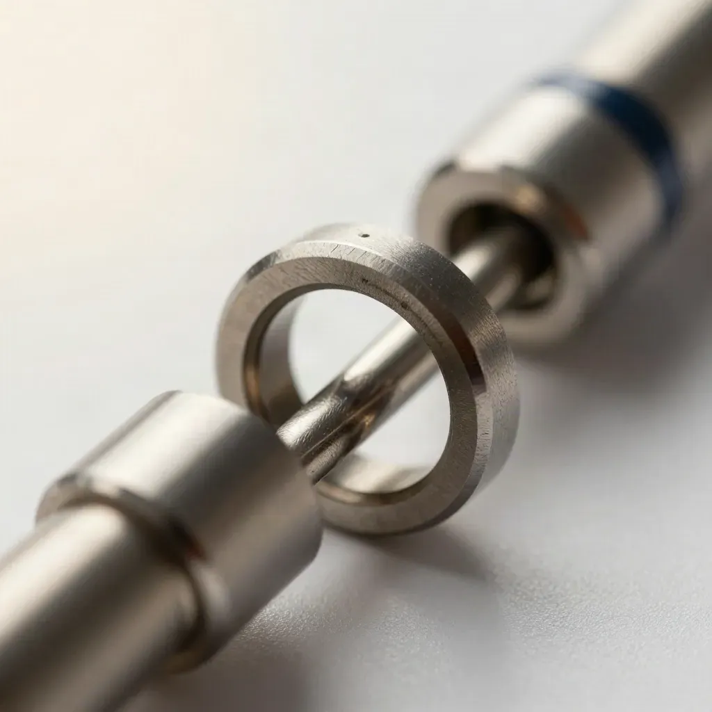 Macro van gekoppelde metalen ringen en een split coupler op geborsteld aluminium.