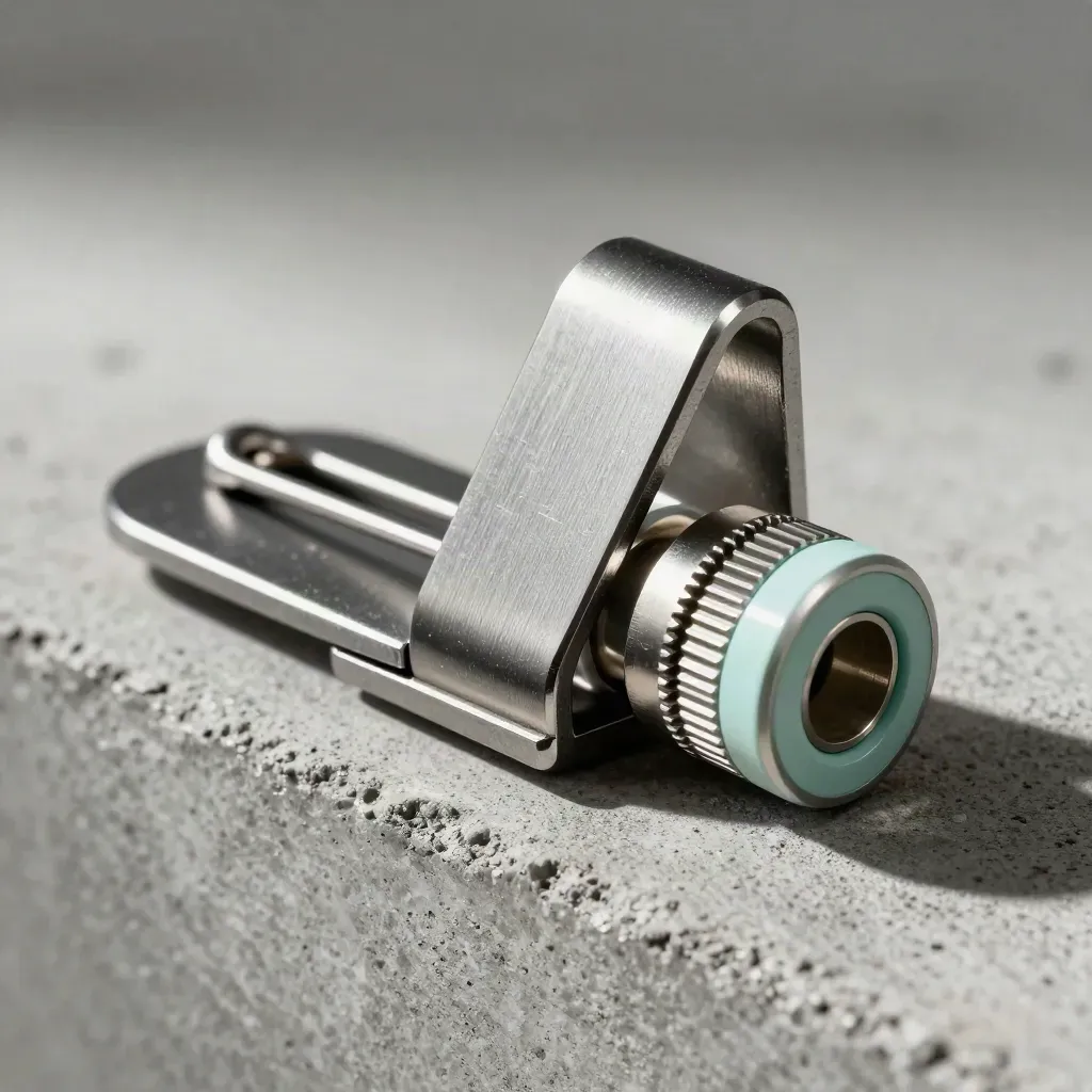 Macro van precisiepennen en bracketclips op beton met mintaccent en zacht studi licht.