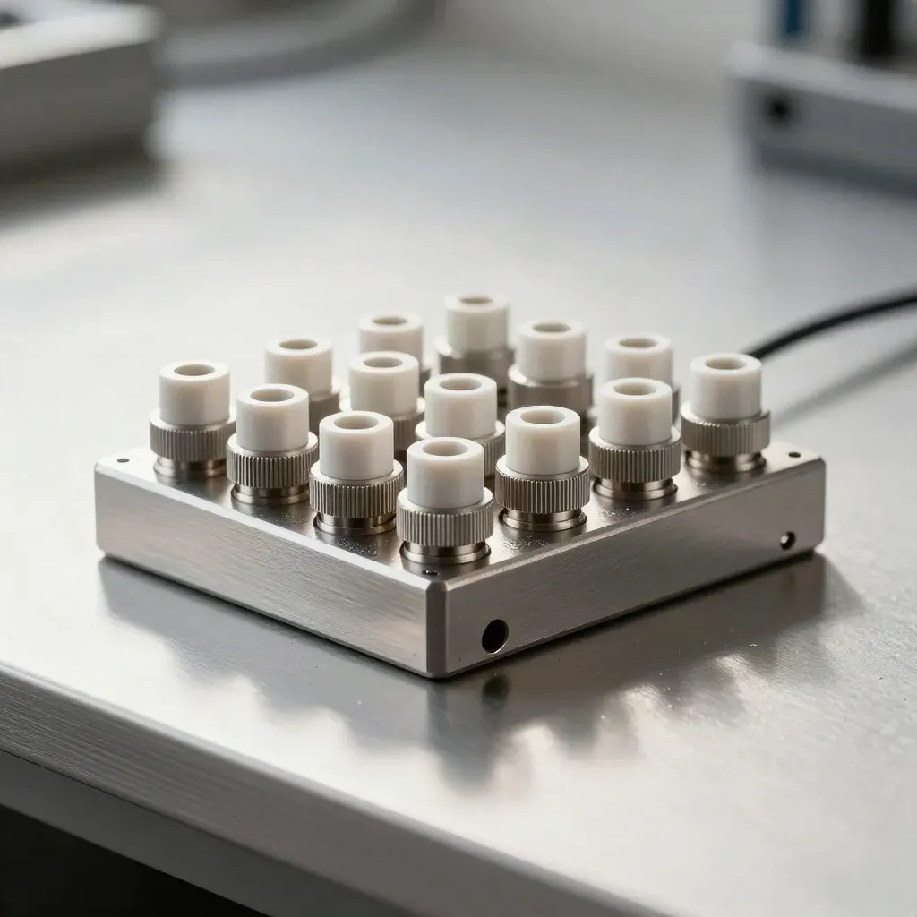 Metalen connectoren en kabeladapters in een strakke flat lay op geborsteld metaal.